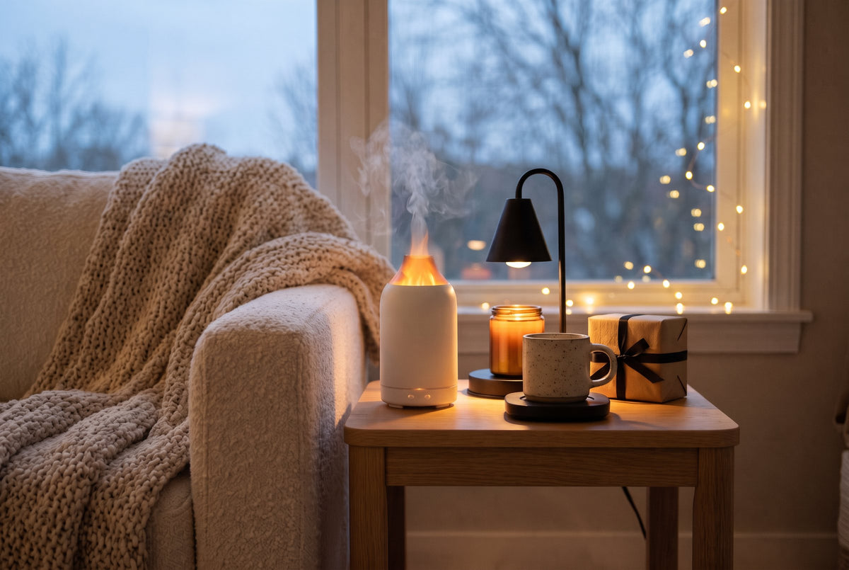 Cozy living room with warm lamp light